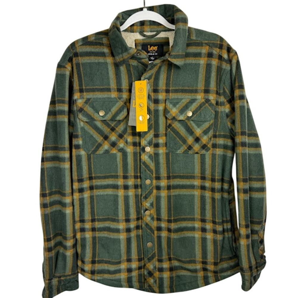 Lee Sherpa Lined Plaid Fleece‎ Shirt Jacket Green Olive Men’s Small NWT $70 MSRP